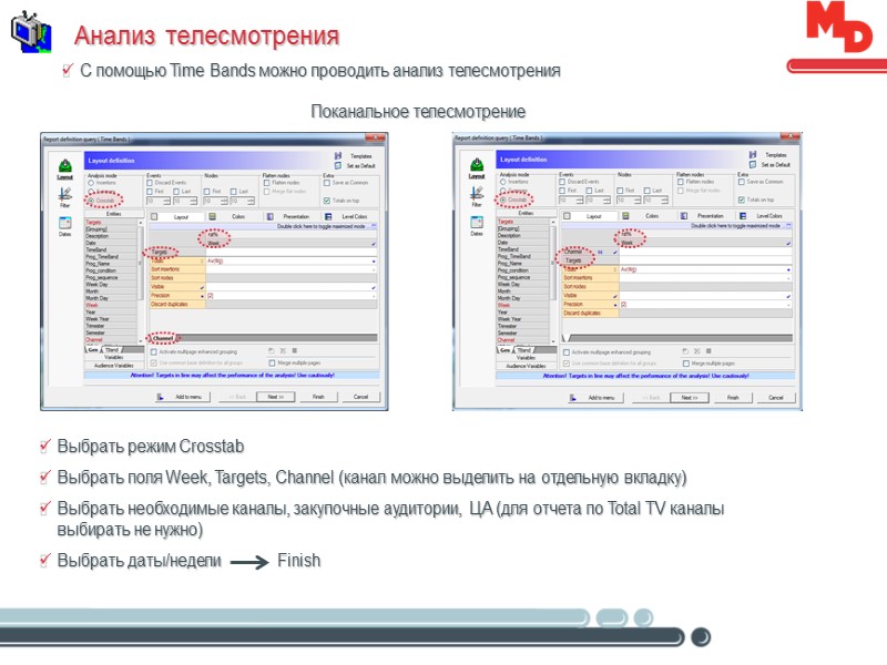 Анализ телесмотрения С помощью Time Bands можно проводить анализ телесмотрения Поканальное телесмотрение Выбрать режим